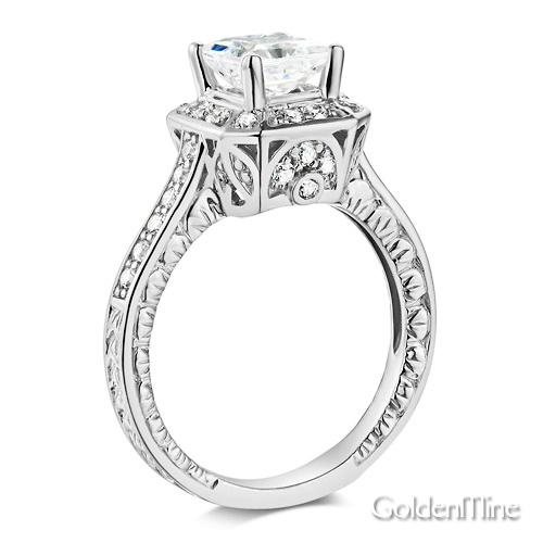 Antique-Style 1-CT Princess-Cut Halo CZ Engagement Ring in Sterling Silver (Rhodium) Slide 1