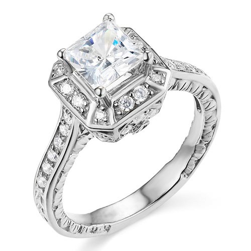 Antique-Style 1-CT Princess-Cut Halo CZ Engagement Ring in Sterling Silver (Rhodium) Slide 0