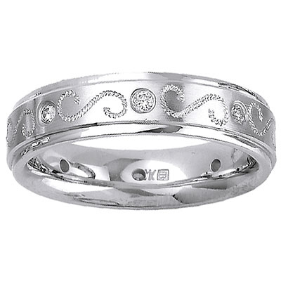 14K White Gold Scroll Design Diamond Wedding Band Slide 0